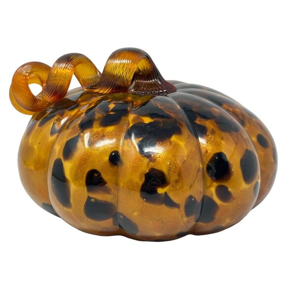 Art Glass Pumpkin Amber Orange Leopard Spot Ribbon Stem Shimmer 7 Inch - Picture 4 of 9